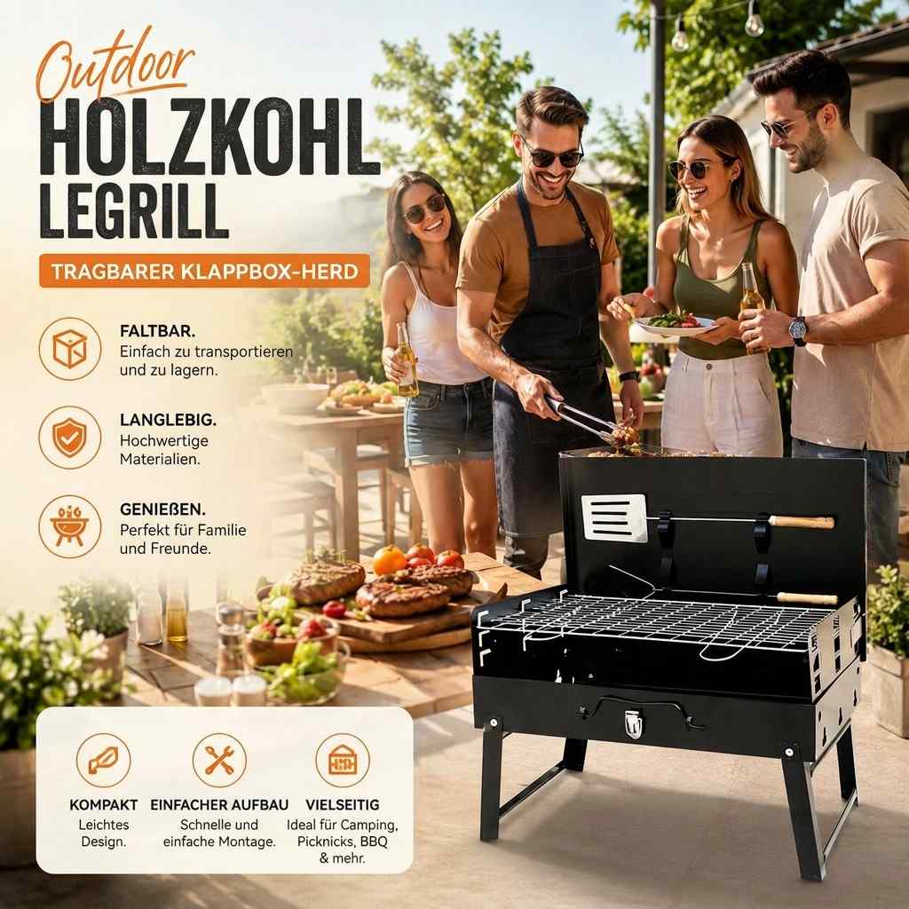 Kulgrill Bærbar Foldbar i Pulverlakeret Stål | Sammenklappet 44 x 24 x 6 cm | Rustfrit Stål Grillrist med Tang og Spatel