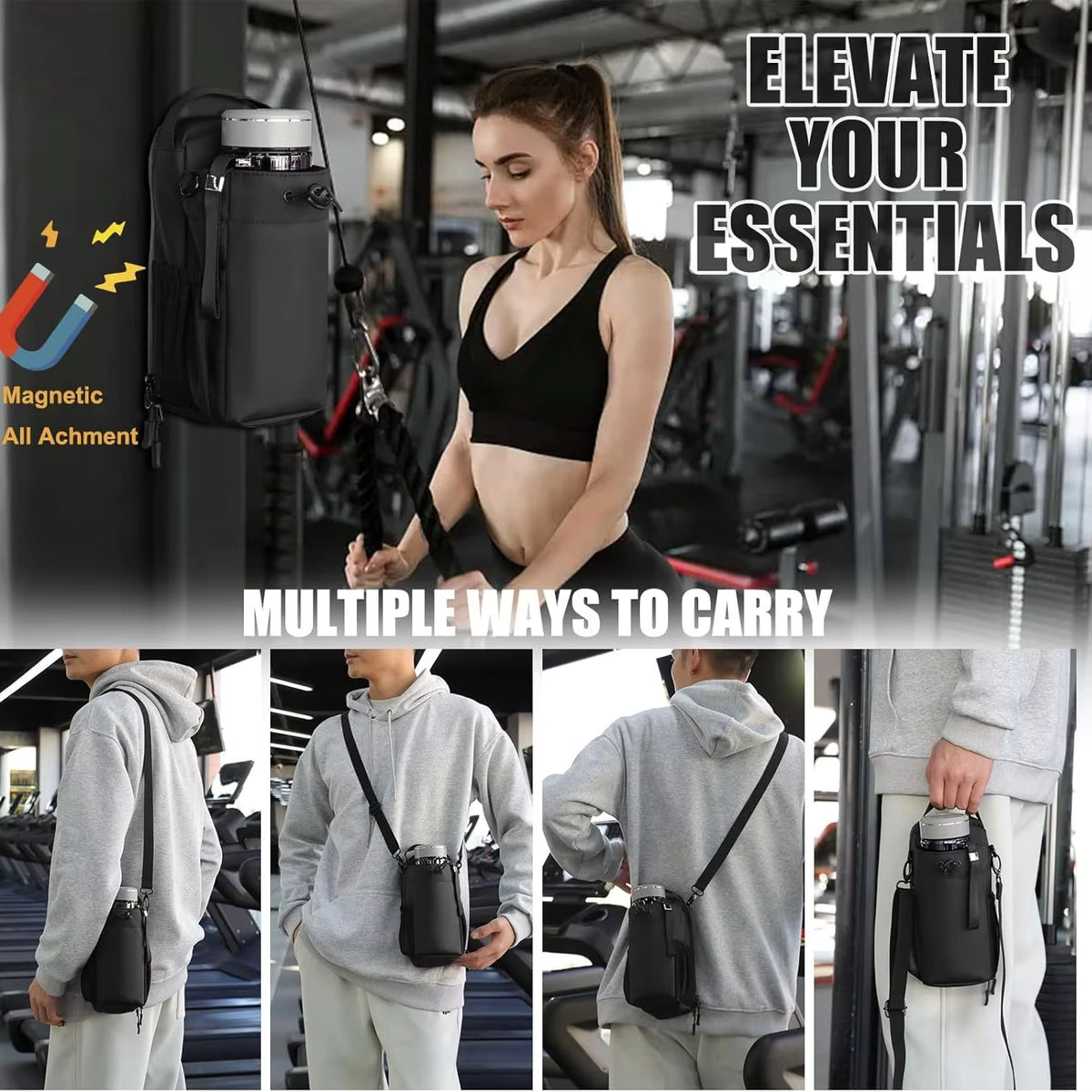 Fitness-Tasche mit starkem Magnetverschluss, großem Fassungsvermögen (Handyfach und Flaschenhalter)