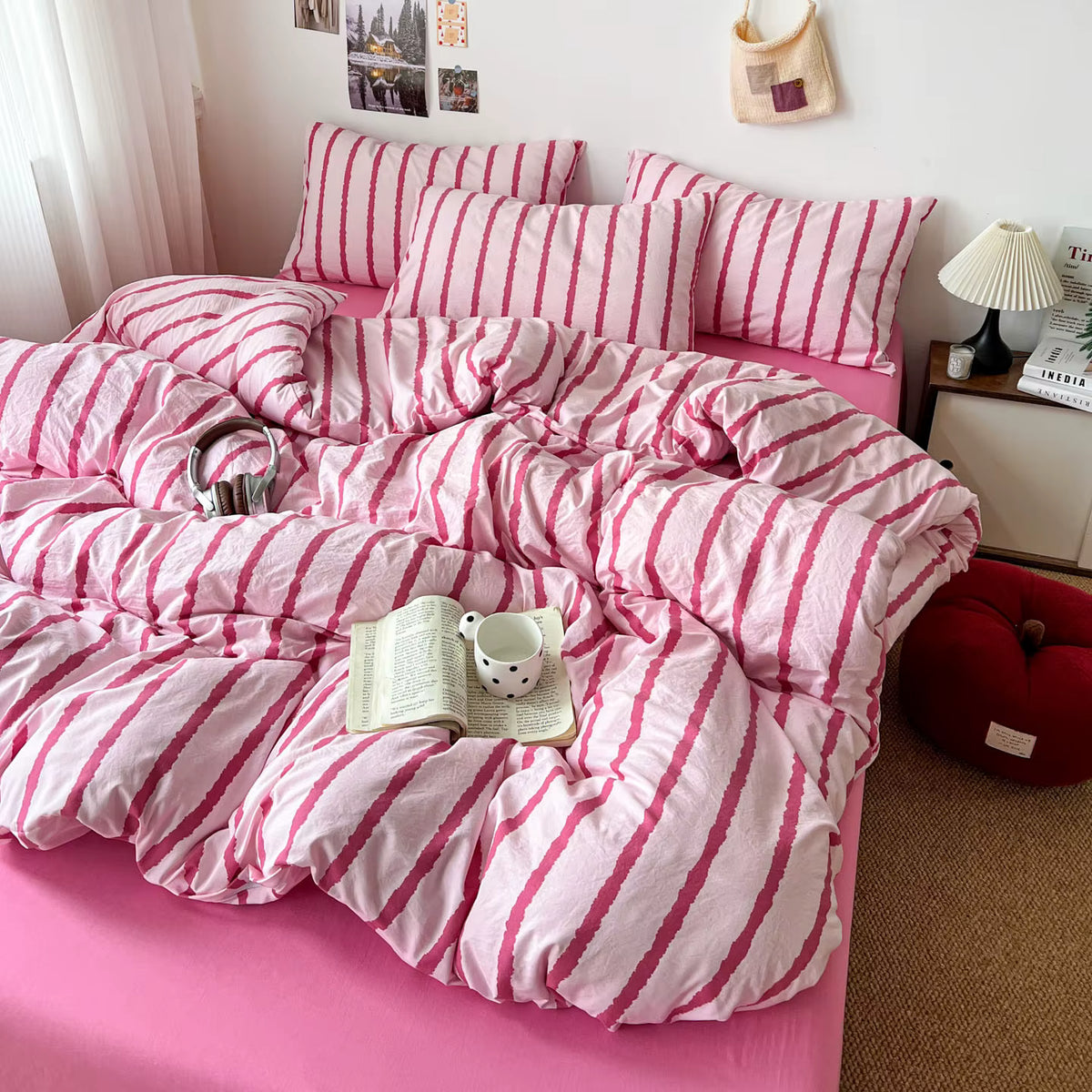 Weich gewaschenes Baumwoll-Bettbezug-Set mit rosa Streifen (3-teilig)