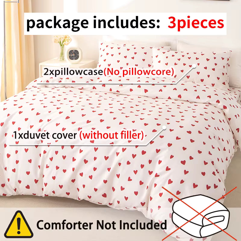 Weiches, hautfreundliches Bettwäsche-Set mit kleinen roten Herzmustern (3-teilig)