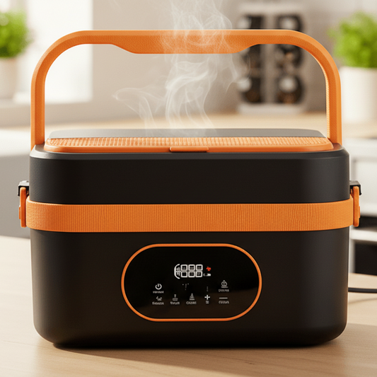 Tragbare elektrische Lunchbox, 1 Liter Kapazität mit Timerfunktion und externem Akku, kabelloser selbstheizender Lebensmittelwärmer, für die Arbeit, Reisen und das Auto