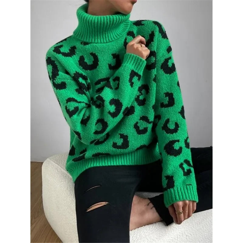 Anneluxe - Lässiger Rollkragenpullover mit Leopardenmuster