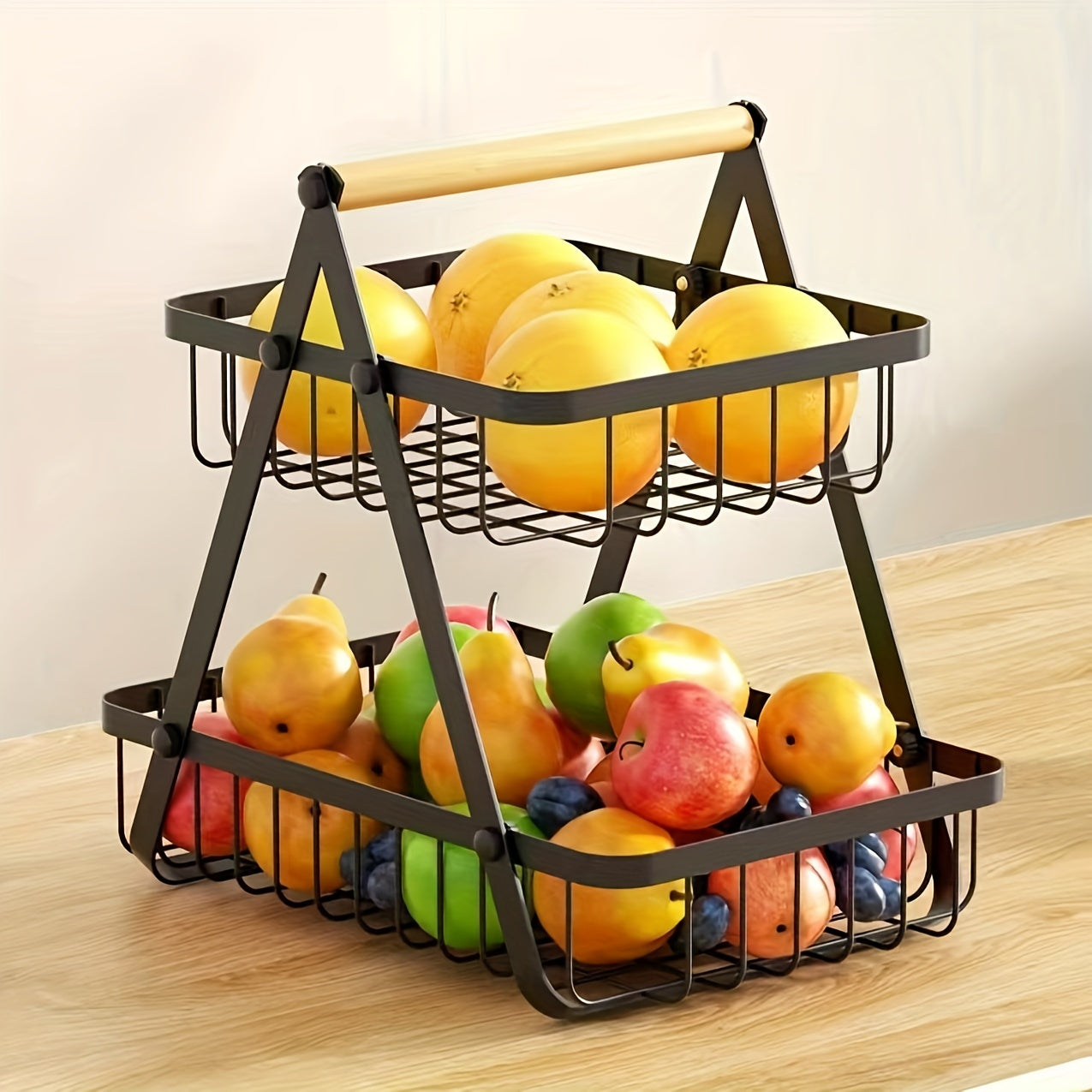 OrganixPlus - Moderne Obst- und Gemüsekorb aus Metall mit Holzgriff, Küchenaufbewahrung