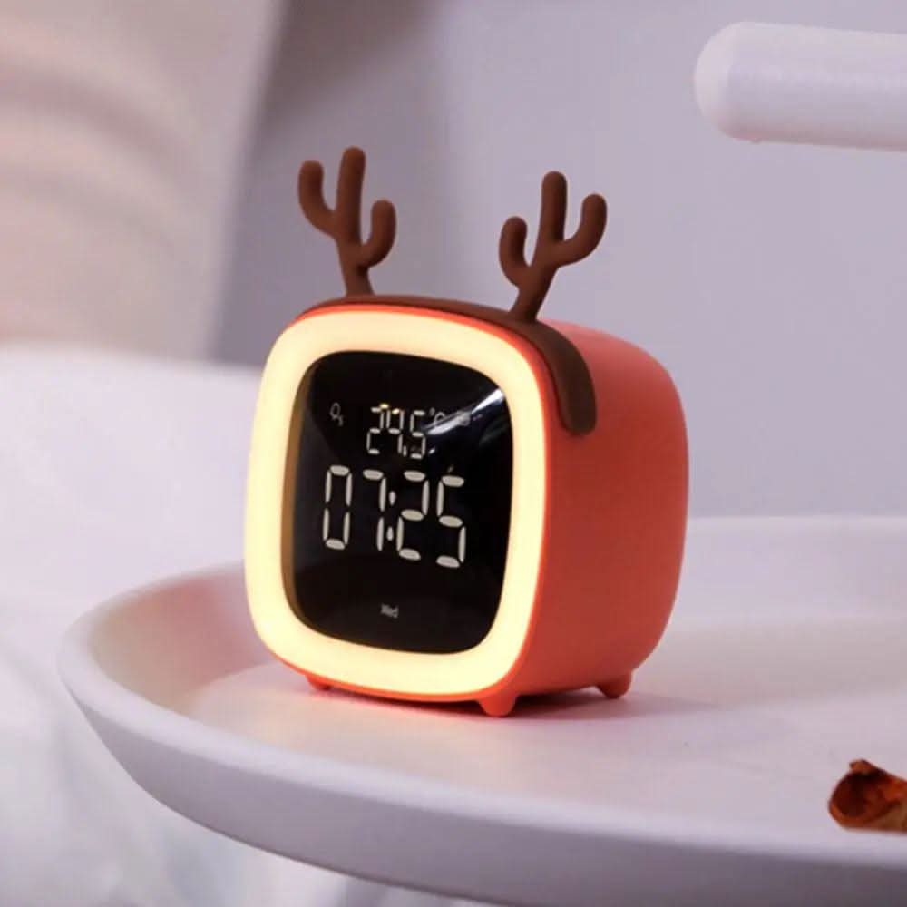 Mini-tegnefilm-tv-vækkeur til børn, LED-natlampe til opladning ved sengen, snooze-ur, justerbar lysstyrke, vågn op med lysfarveindstilling