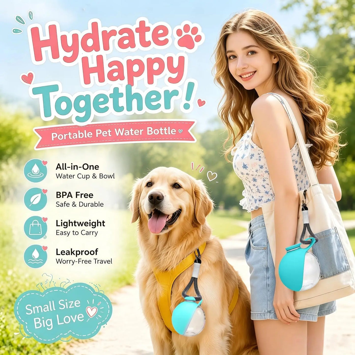 Kompakte, auslaufsichere 2-in-1-Wasserflasche für Hunde