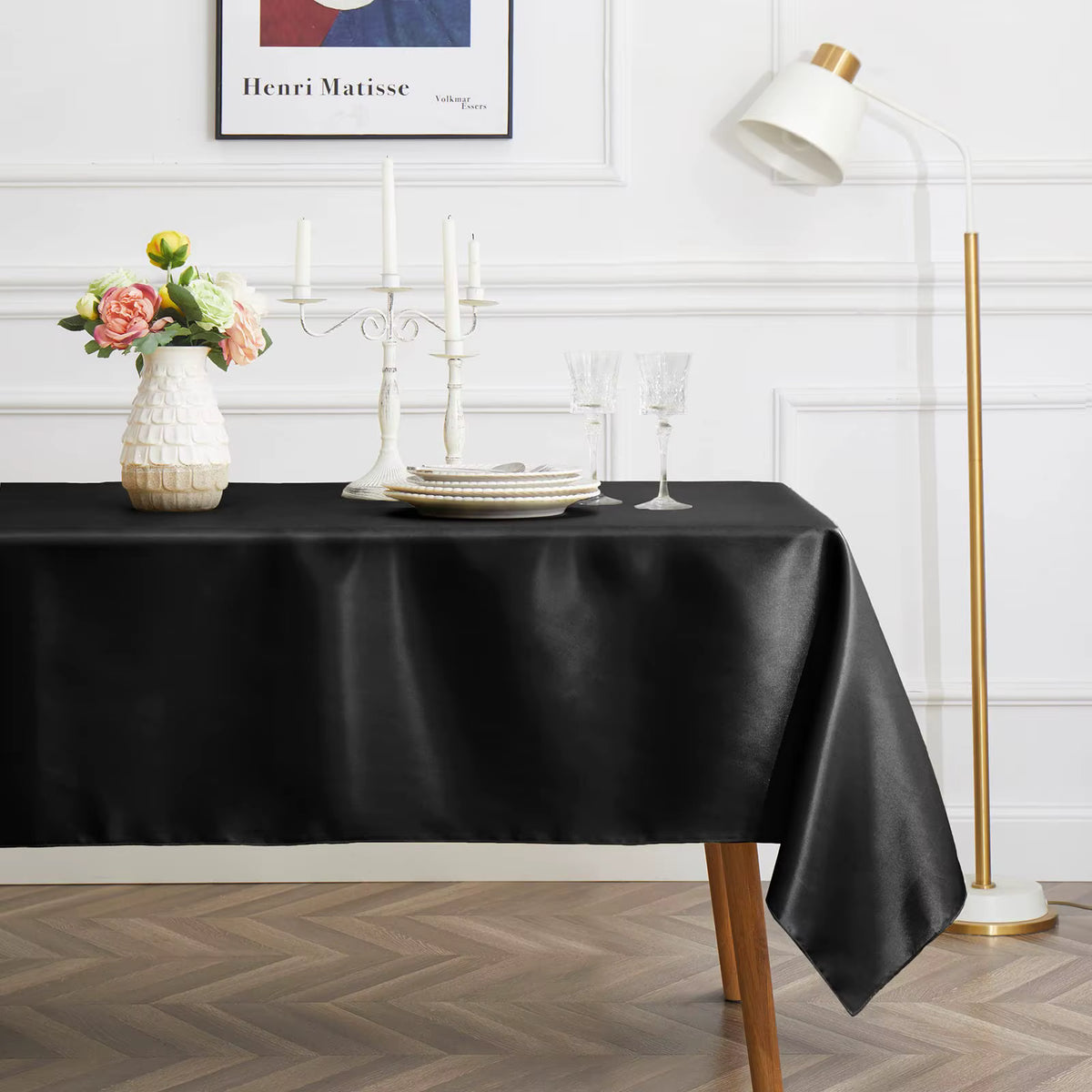 Knitterfreie satinierte rechteckige Tischdecke (Schwarz)