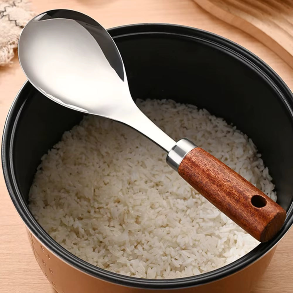 Reislöffel mit Kopf aus Edelstahl und hitzebeständigem Holzgriff