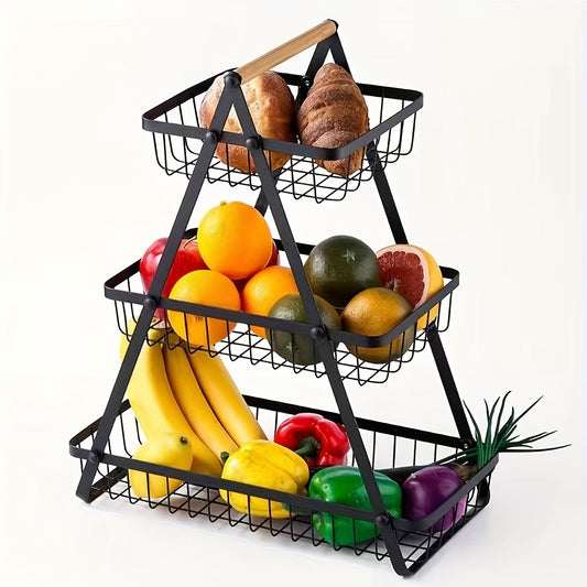 OrganixPlus - Moderne Obst- und Gemüsekorb aus Metall mit Holzgriff, Küchenaufbewahrung