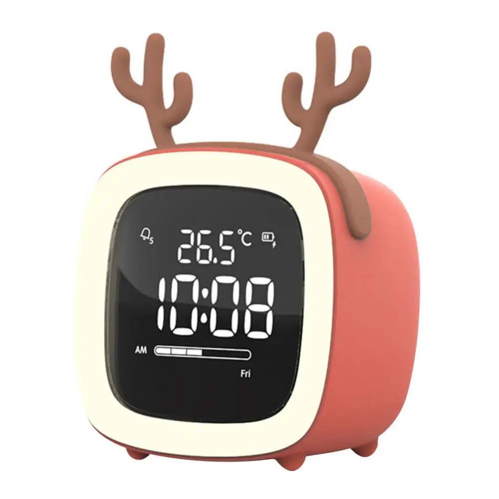 Mini-tegnefilm-tv-vækkeur til børn, LED-natlampe til opladning ved sengen, snooze-ur, justerbar lysstyrke, vågn op med lysfarveindstilling