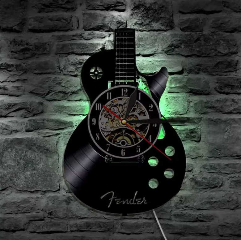 Vægur i Unikt Guitar Vinylplade Design – 30 cm Sort med Valgfri LED-Belysning-5