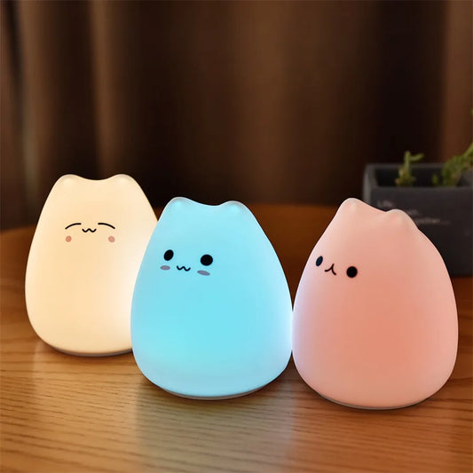 Süße Katzen Nachtlampe – Weiches Silikon, 7 Farben & Touch-Sensor