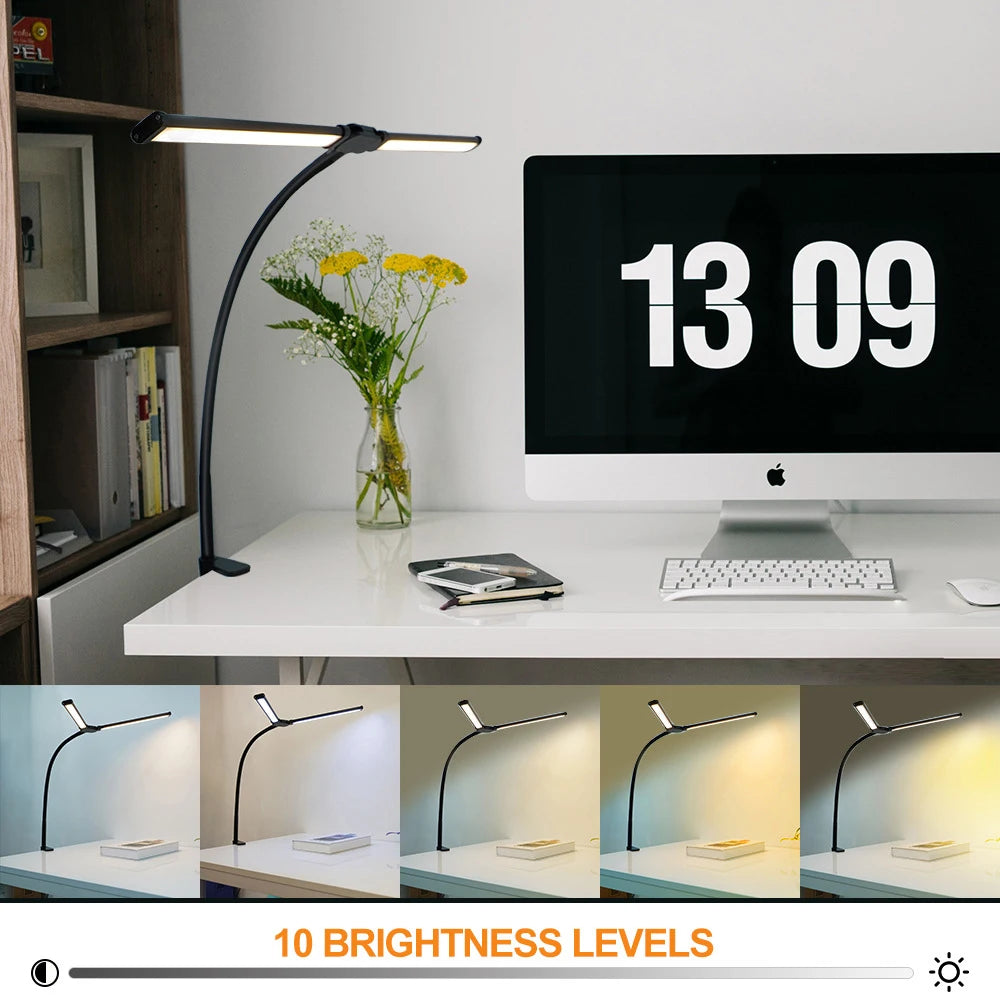 LED Tischlampe für Zuhause & Büro | Doppelkopf | Stufenlose Dimmung & 3 Lichtfarben | Augenschutz