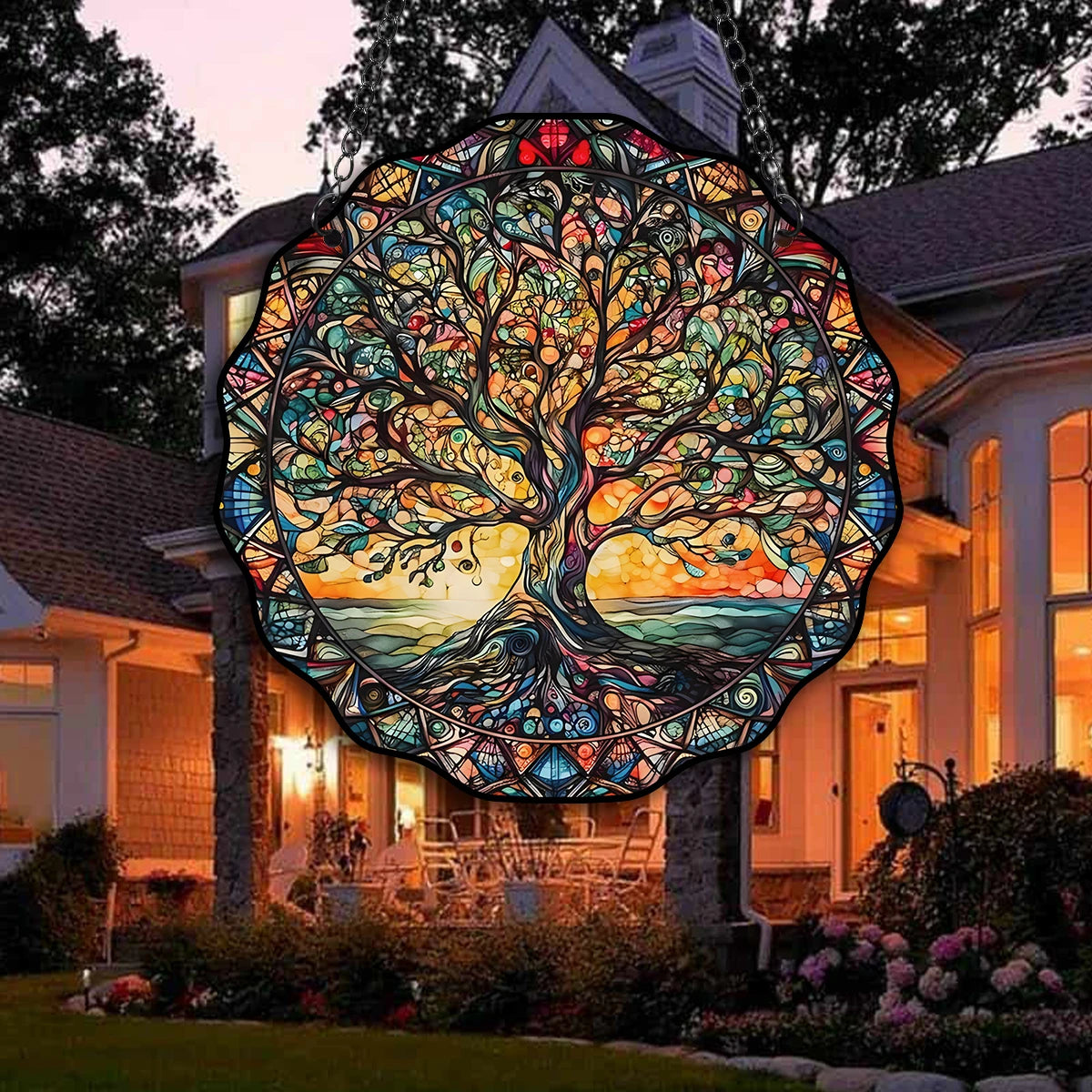 Lebensbaum Wanddekoration | Rundes Hängeschild | Acryl Sonne & Natur Design | Für Fenster, Wand & Garten