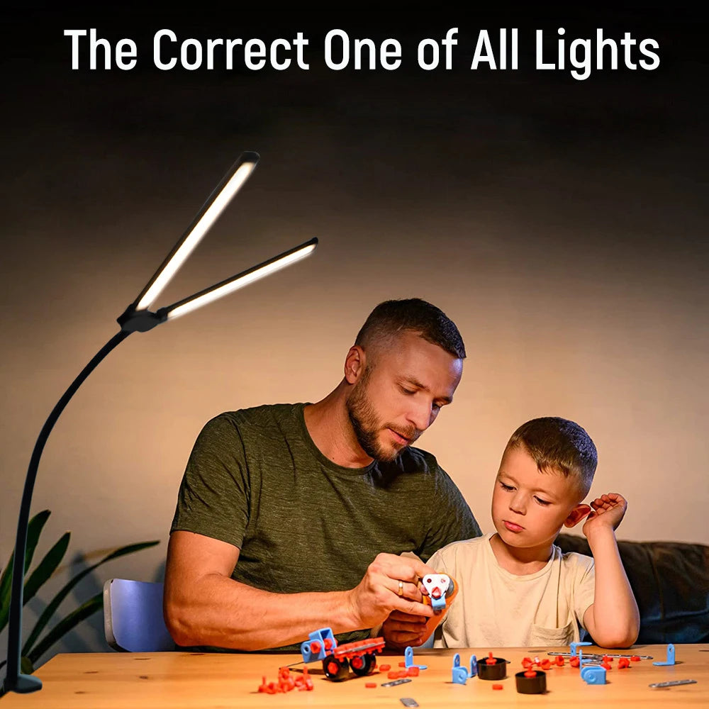 LED Tischlampe für Zuhause & Büro | Doppelkopf | Stufenlose Dimmung & 3 Lichtfarben | Augenschutz