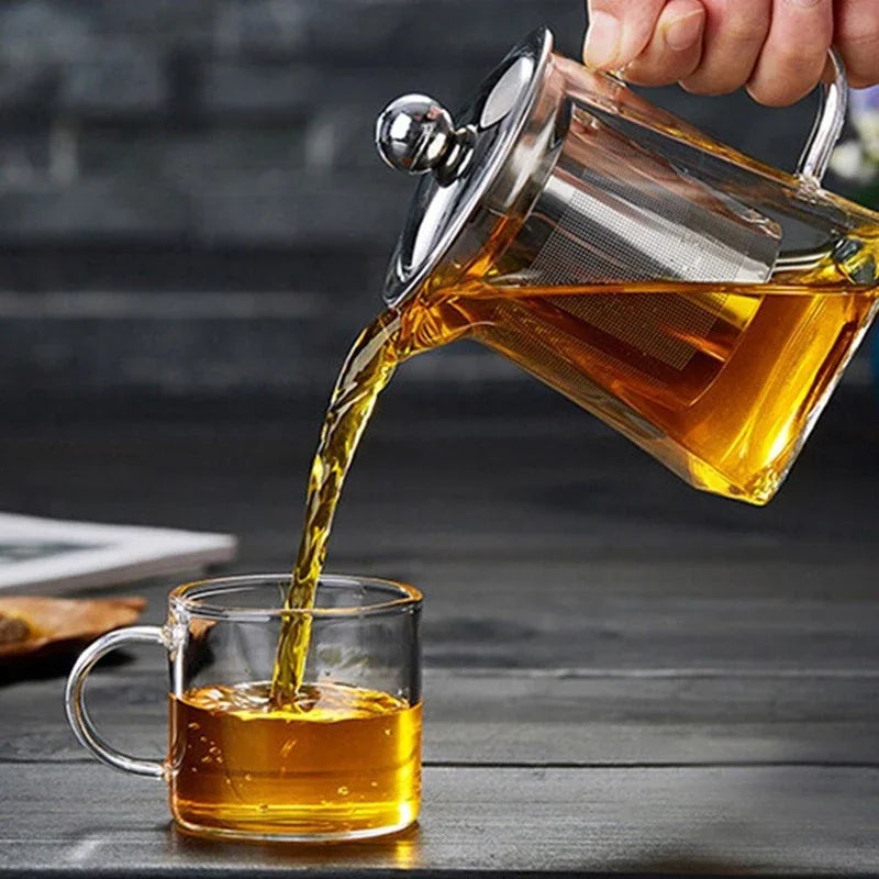 Hitzebeständige Glasteekanne | Mit Edelstahl-Infuser und Filterkorb | Klare Teekanne für losen Tee und Kaffee