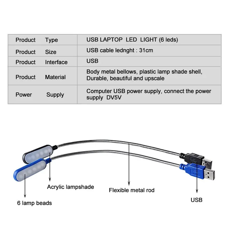 Mini USB LED Buchlampe | Flexibel & Tragbar | 6 LED Lichter | Für Laptop & Powerbank