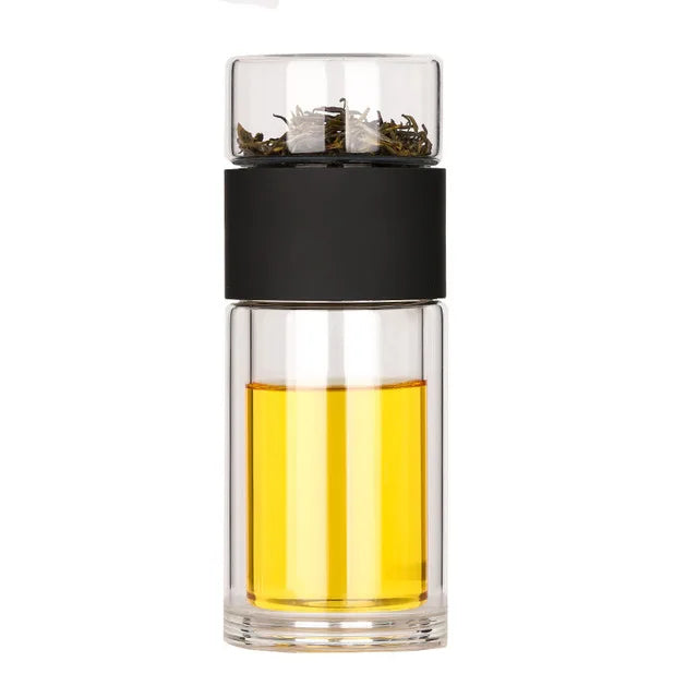 Højkvalitets dobbeltlags glas vandflaske med te-infuser & bæretaske