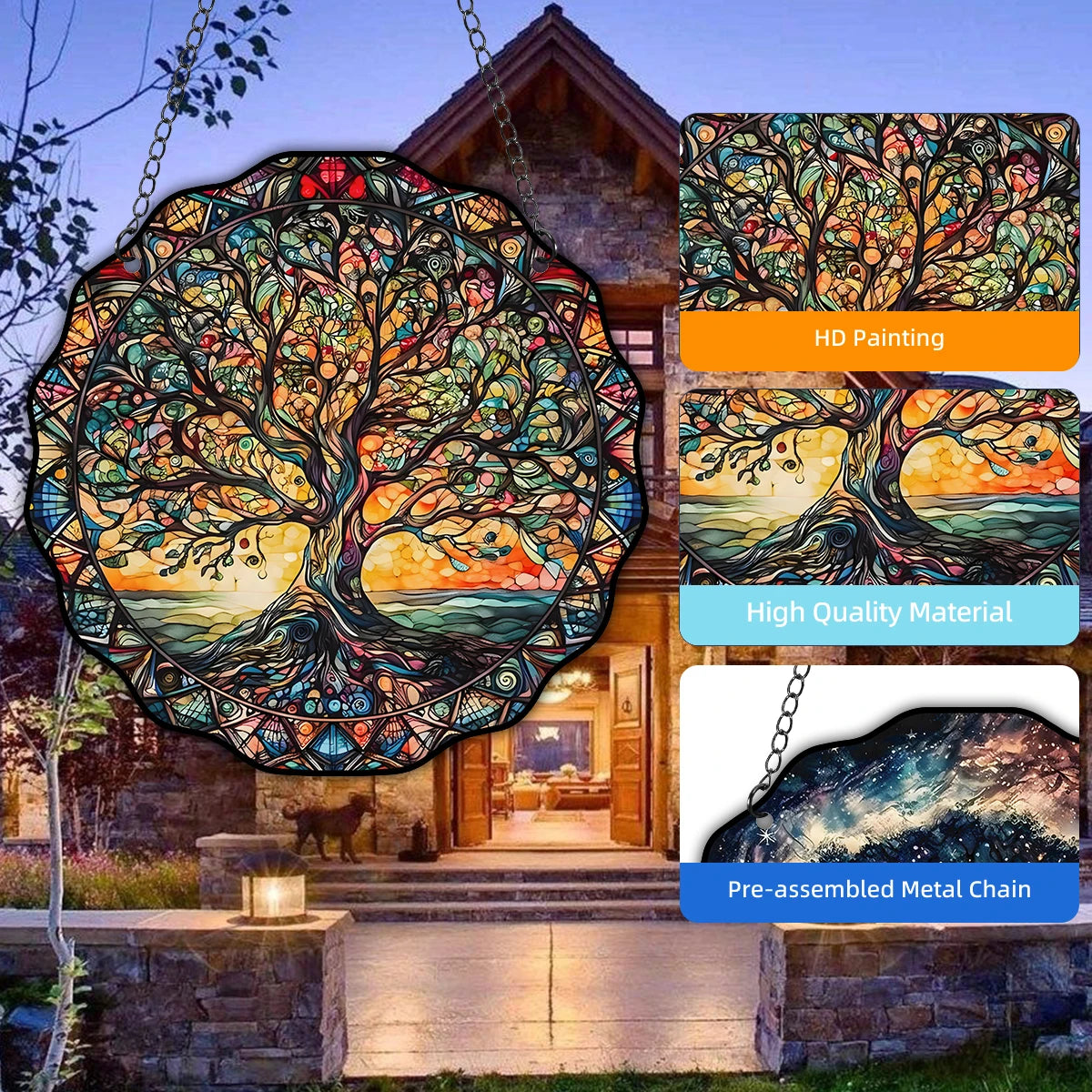 Lebensbaum Wanddekoration | Rundes Hängeschild | Acryl Sonne & Natur Design | Für Fenster, Wand & Garten