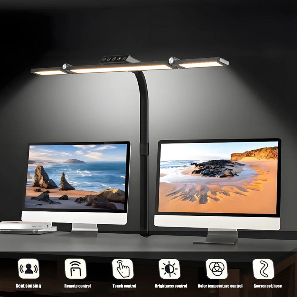 LED Tischlampe für Zuhause & Büro | Doppelkopf | Stufenlose Dimmung & 3 Lichtfarben | Augenschutz