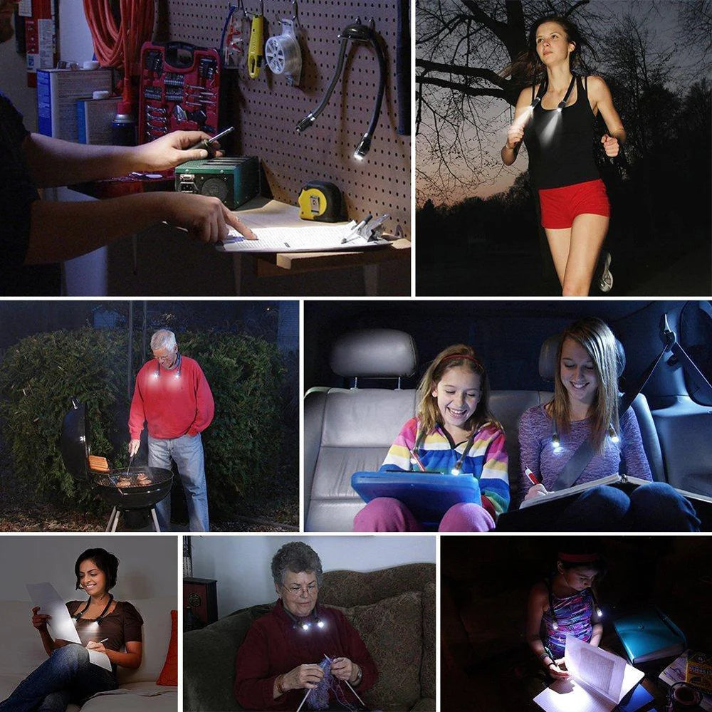 Flexible Leselampe für den Hals | 4 LED-Lichter mit einstellbarer Helligkeit | Freisprech-Buchlampe für das Bett