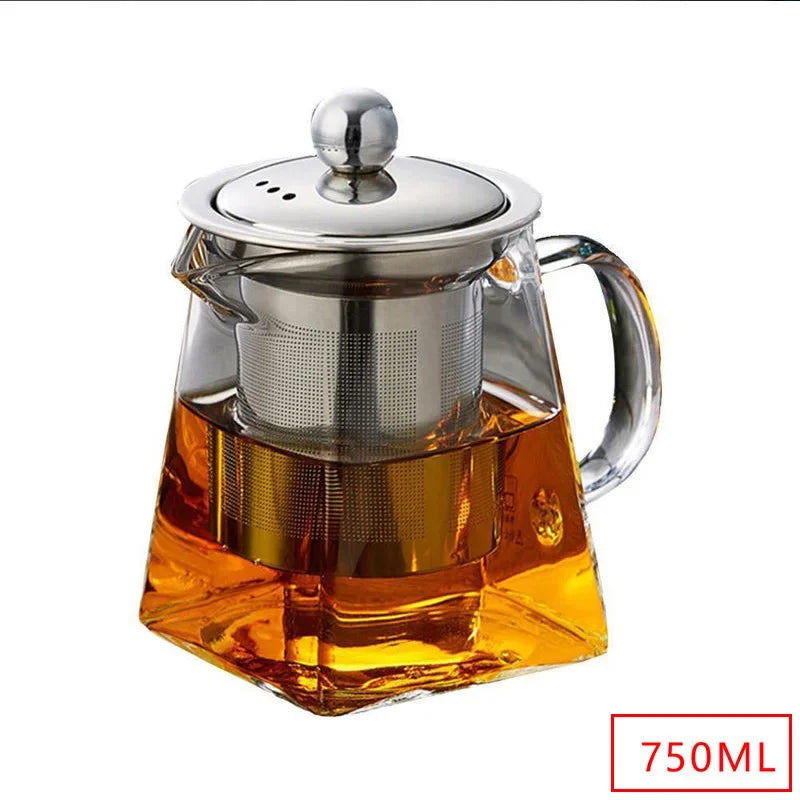 Hitzebeständige Glasteekanne | Mit Edelstahl-Infuser und Filterkorb | Klare Teekanne für losen Tee und Kaffee