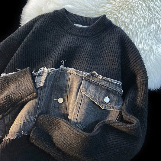 LuxeEssence - Denim-Patchwork-Pullover | Eleganz und Haltbarkeit in jeder einzelnen Faser