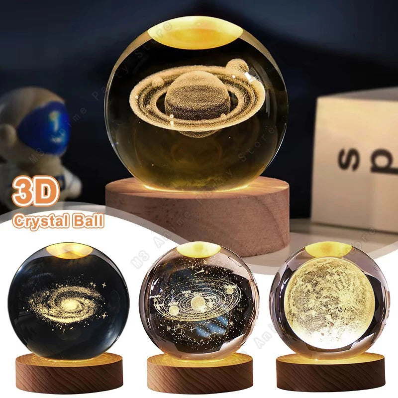 3D Kristallkugel Nachtlampe – Mini LED Tischlampe mit Planeten & Galaxie