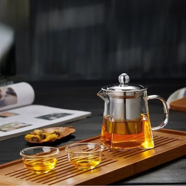 Hitzebeständige Glasteekanne | Mit Edelstahl-Infuser und Filterkorb | Klare Teekanne für losen Tee und Kaffee