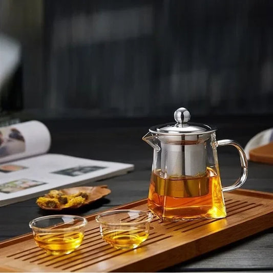 Hitzebeständige Glasteekanne | Mit Edelstahl-Infuser und Filterkorb | Klare Teekanne für losen Tee und Kaffee