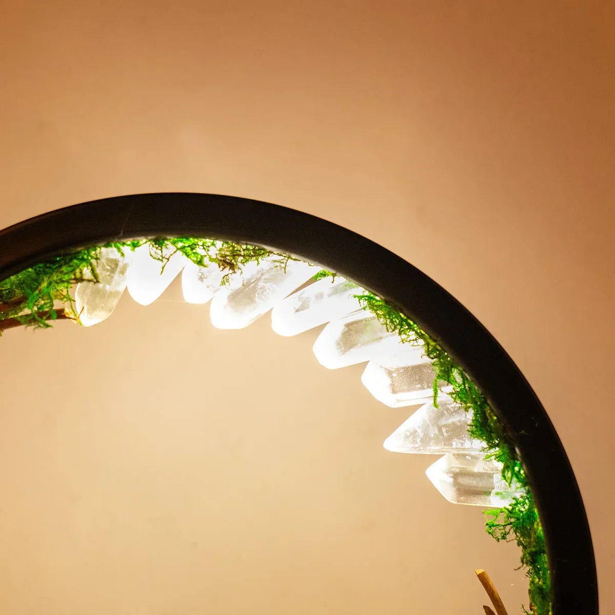 EnchantedRing | Nachtlampe mit eleganter runder Rahmen mit grünen Pflanzen und echten Kristallen, perfekt für die Wohnkultur
