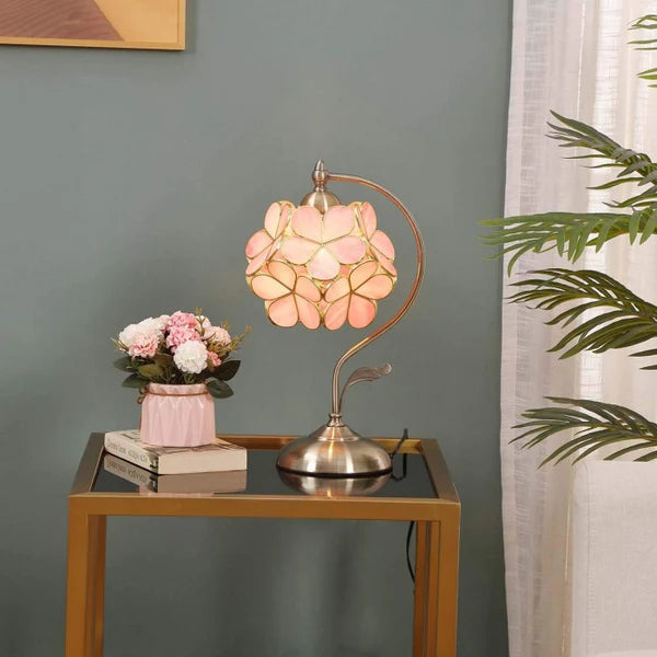Romantische Tiffany-Tischlampe aus Bronze mit Blumenmuster – Verstellbare Höhe und farbiger Glasschirm für Nachttisch
