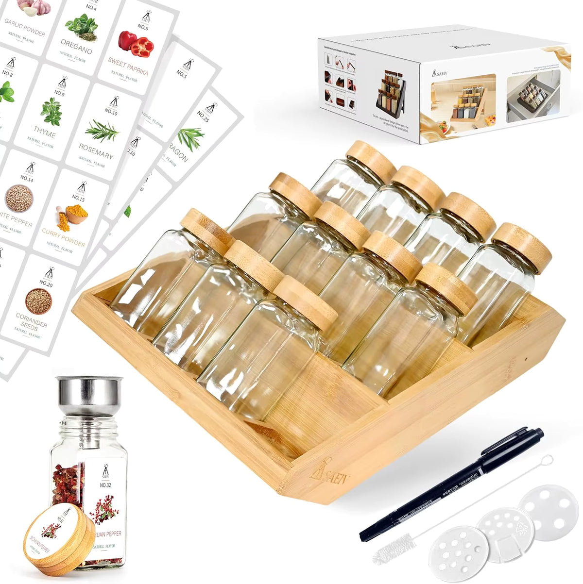 BPA-freies quadratisches Gewürzgläser-Set mit Bambusregal, 15-teilig