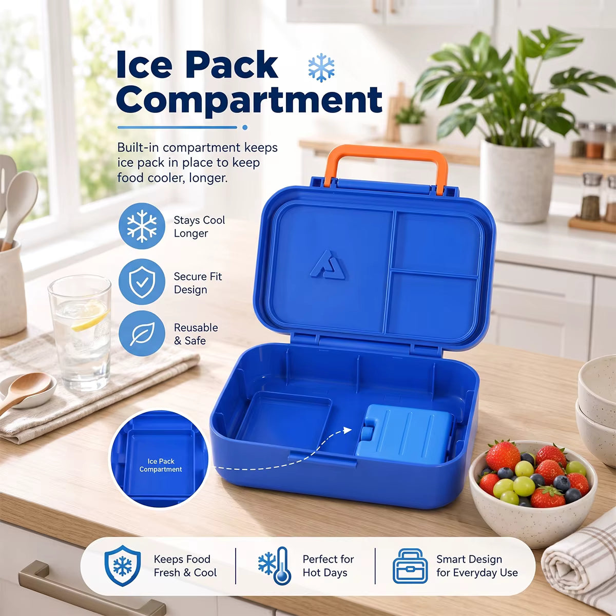 Vakuumisolierte und auslaufsichere Bento-Lunchbox aus Edelstahl (3 Fächer)