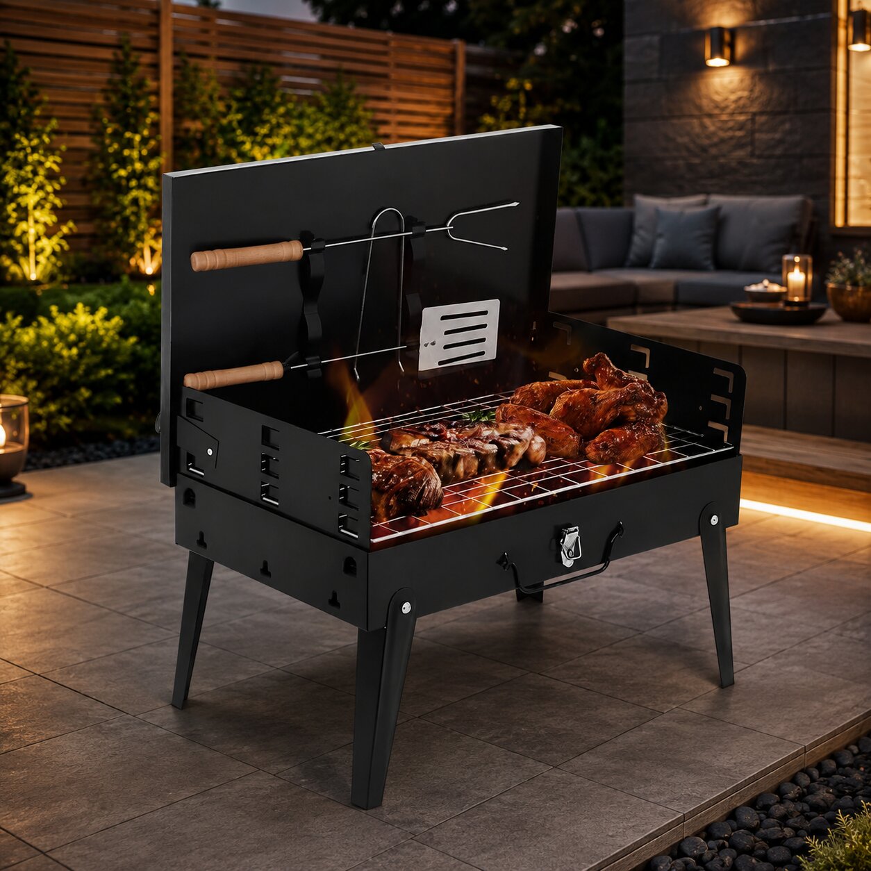 Kulgrill Bærbar Foldbar i Pulverlakeret Stål | Sammenklappet 44 x 24 x 6 cm | Rustfrit Stål Grillrist med Tang og Spatel