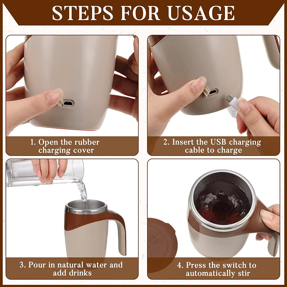 Magnetisch wiederaufladbarer USB-Selbstumrührbecher aus Edelstahl (380 ml)