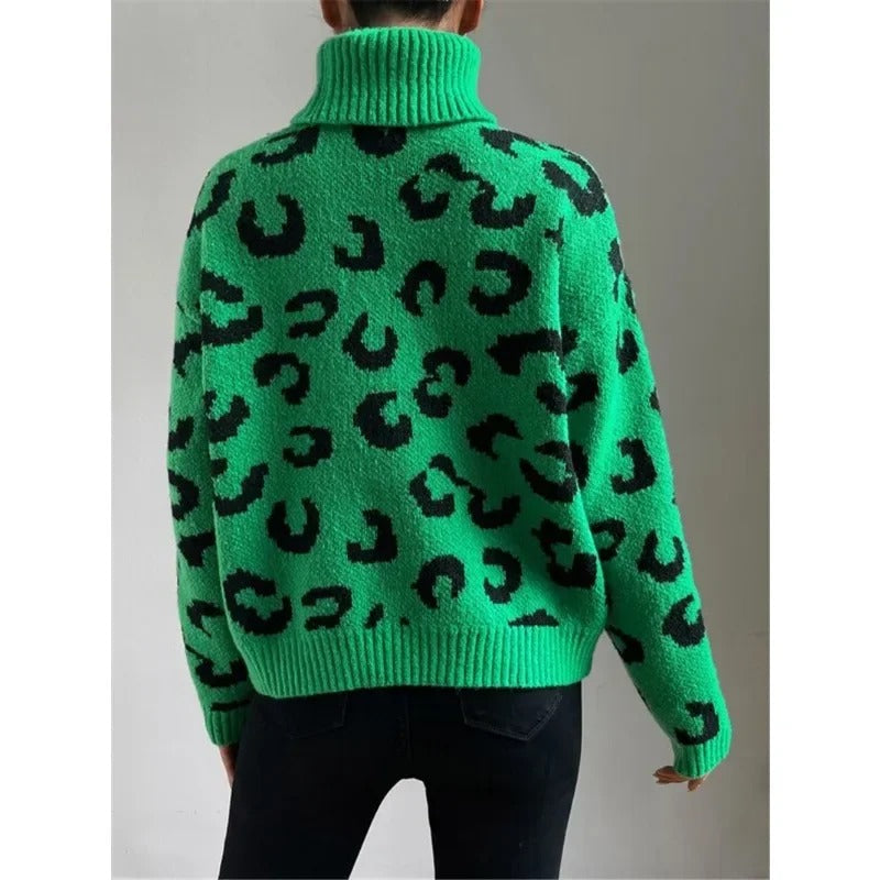Anneluxe - Lässiger Rollkragenpullover mit Leopardenmuster