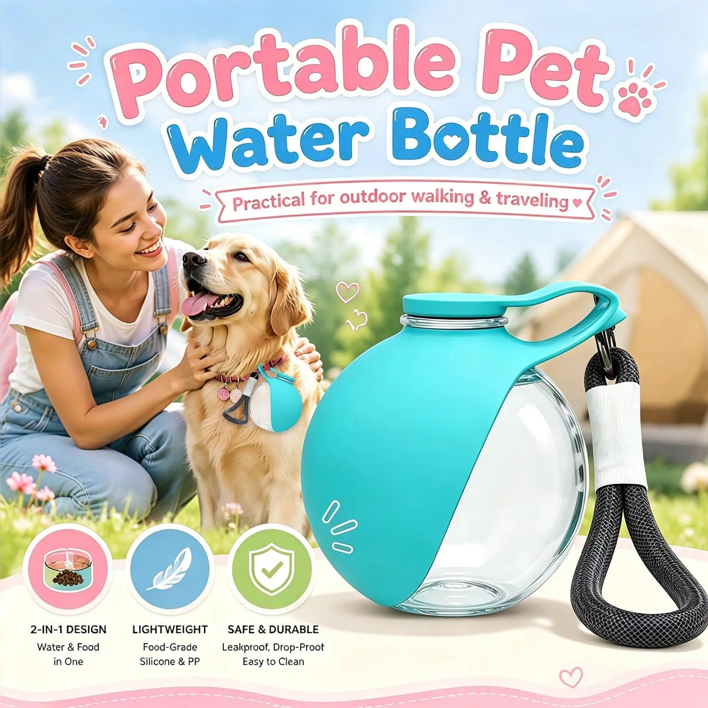 Kompakte, auslaufsichere 2-in-1-Wasserflasche für Hunde