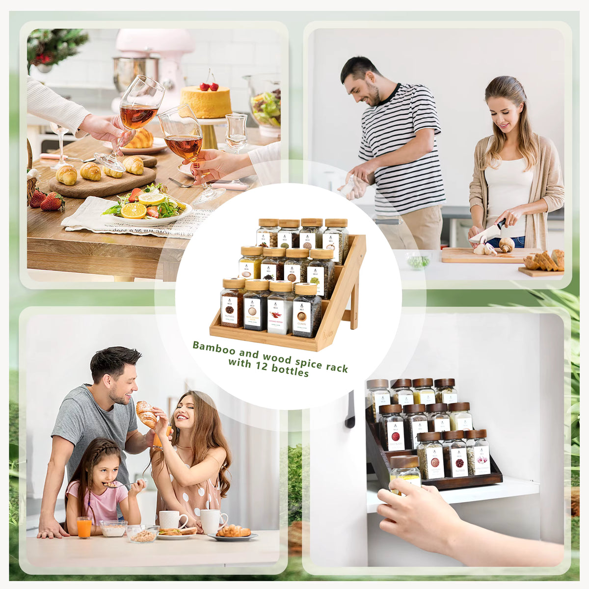 BPA-freies Bambusregal-Set für Kräuter- und Gewürzgläser (12 Gläser)