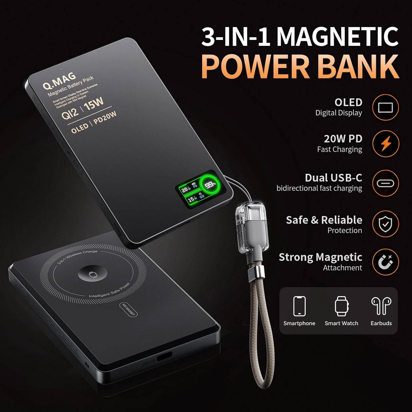 Præcis Magnetische 15W Kabellose Powerbank (3-in-1, 10000mAh)