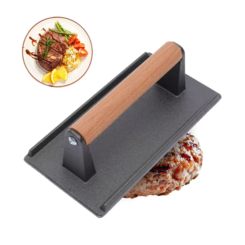 Schwere Gusseisen-Grillpresse mit Holzgriff