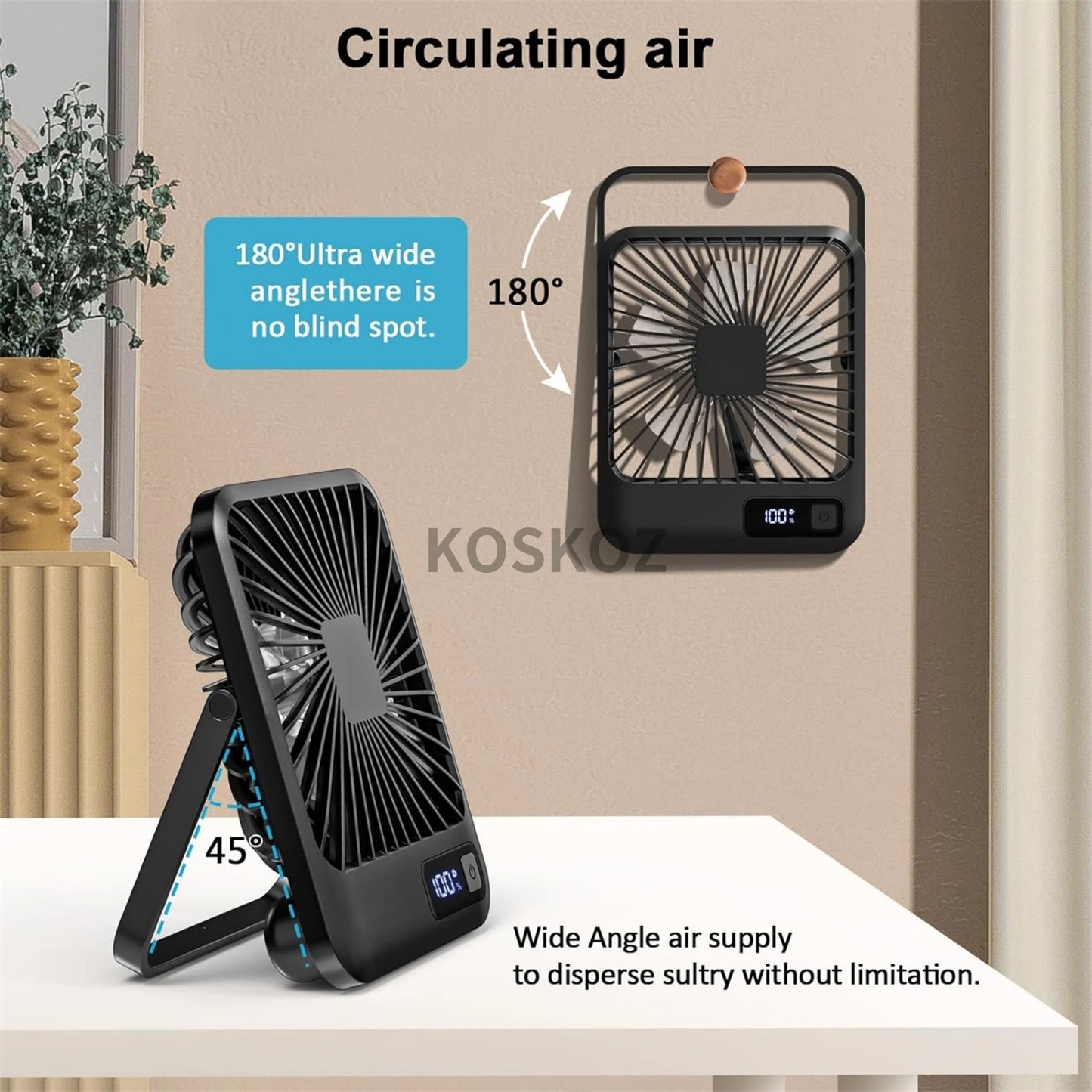 USB-wiederaufladbarer und faltbarer Tischventilator mit 5 Geschwindigkeiten (digitale Batteriestandsanzeige)