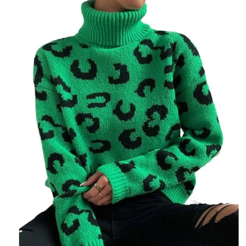 Anneluxe - Lässiger Rollkragenpullover mit Leopardenmuster