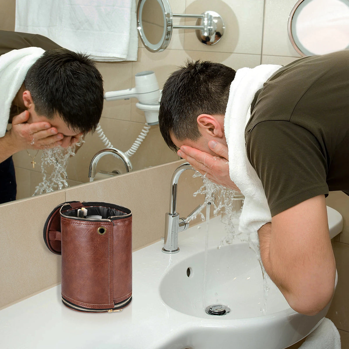 Vandafvisende PU-læder 11-lommer rejsetoilettaske