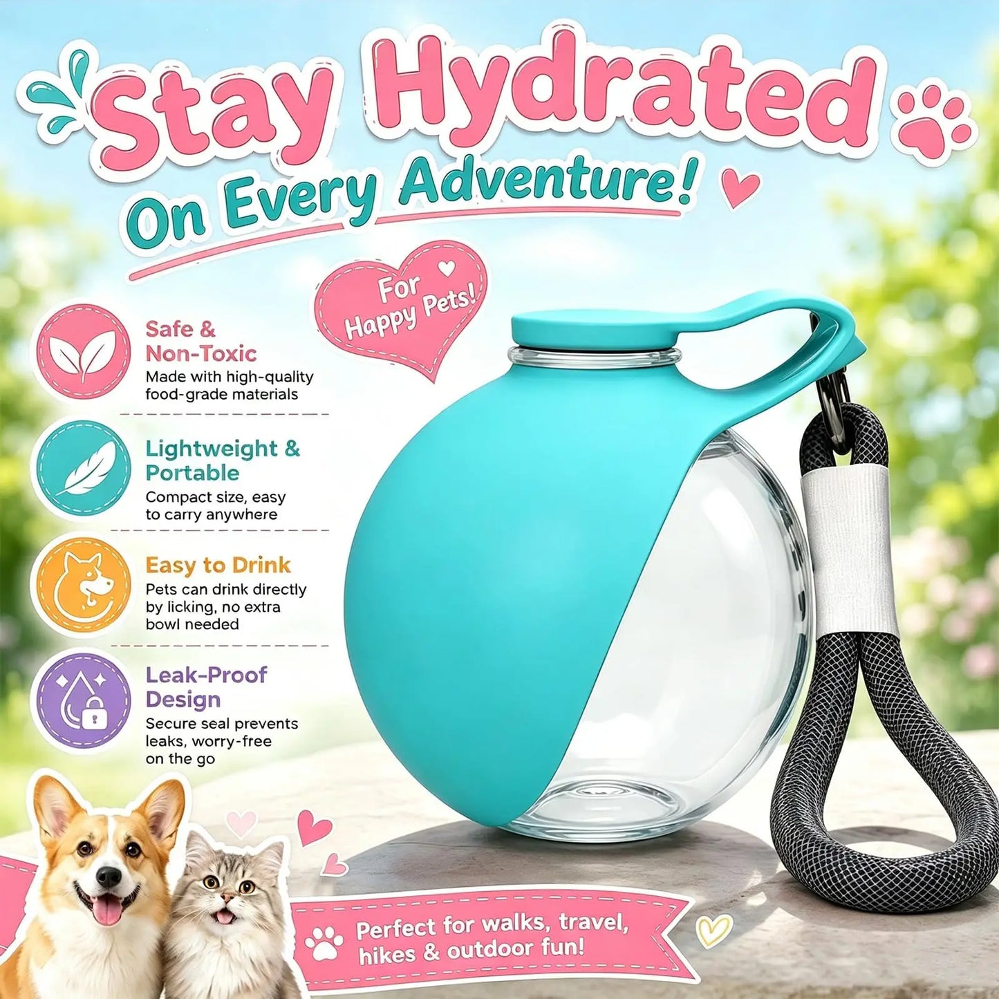Kompakte, auslaufsichere 2-in-1-Wasserflasche für Hunde