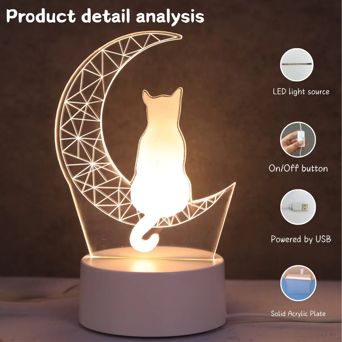 3D Måne Kat Blødt Varmt Lys Natlampe (USB-Drevet)