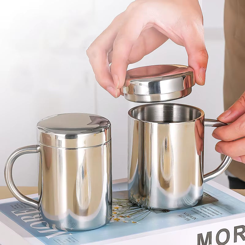 Doppelwandiger isolierter Kaffeebecher aus Edelstahl 304 (mit Deckel und Henkel)