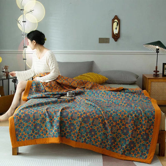 Ethniquilt - Baumwollquilt mit orange-blauem Muster in sechs Lagen