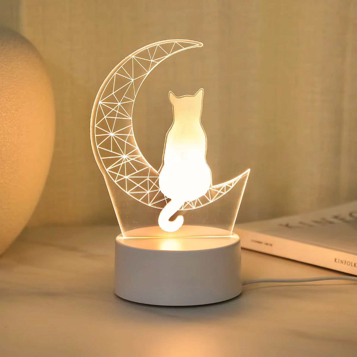 3D Måne Kat Blødt Varmt Lys Natlampe (USB-Drevet)