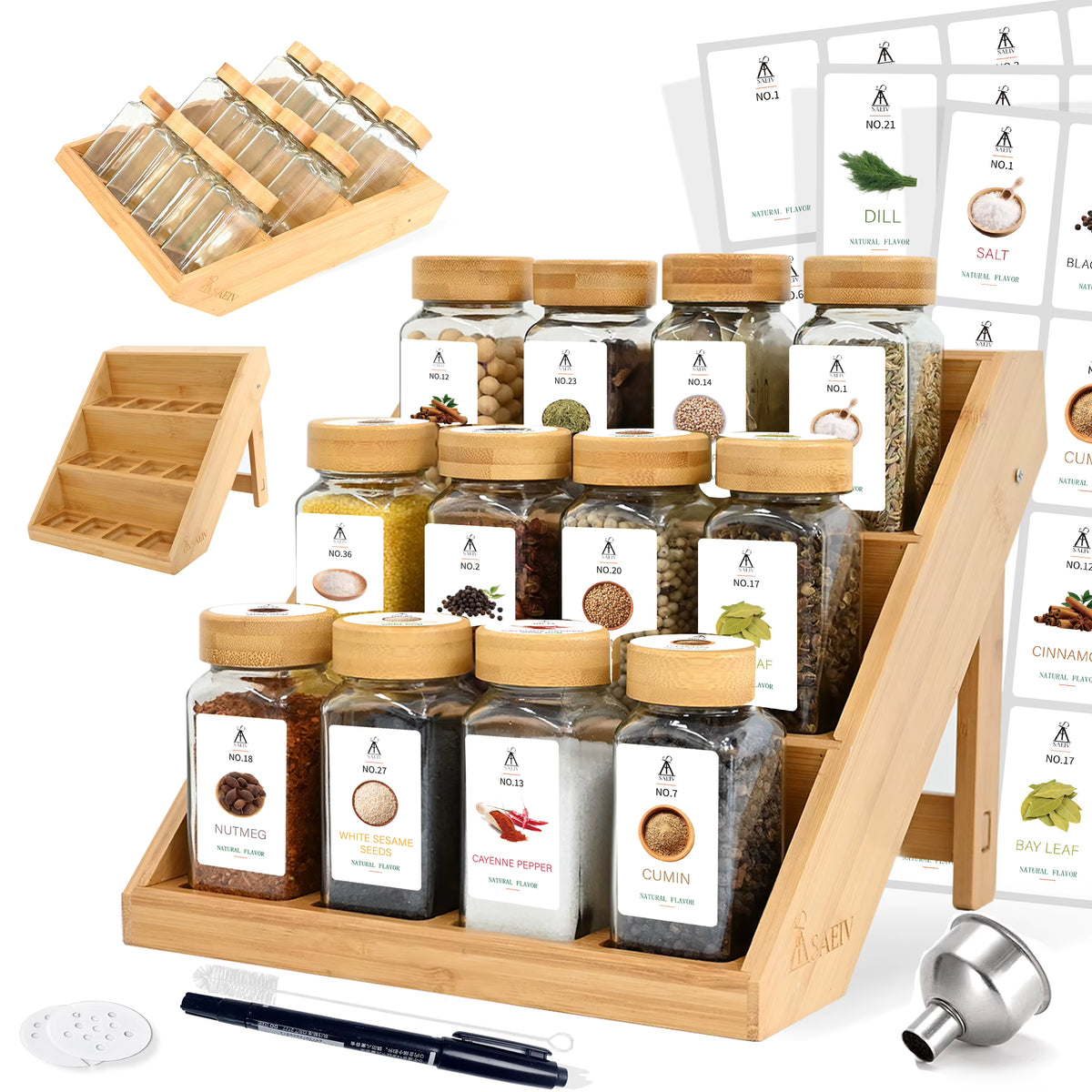 BPA-freies Bambusregal-Set für Kräuter- und Gewürzgläser (12 Gläser)