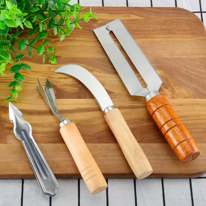 Haltbarer Ananasschäler aus Edelstahl mit rutschfestem Holzgriff (4-teiliges Set)